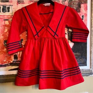 Vintage Kids Red Dress with Navy Trim